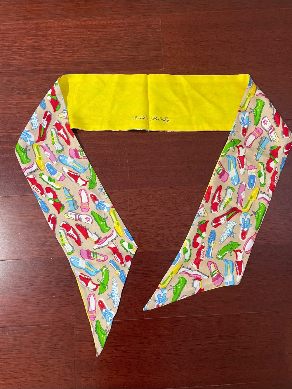 Barth & Mccallig Bright Yellow Silk Scarf with Colorful Shoe Pattern 
100% SILK
